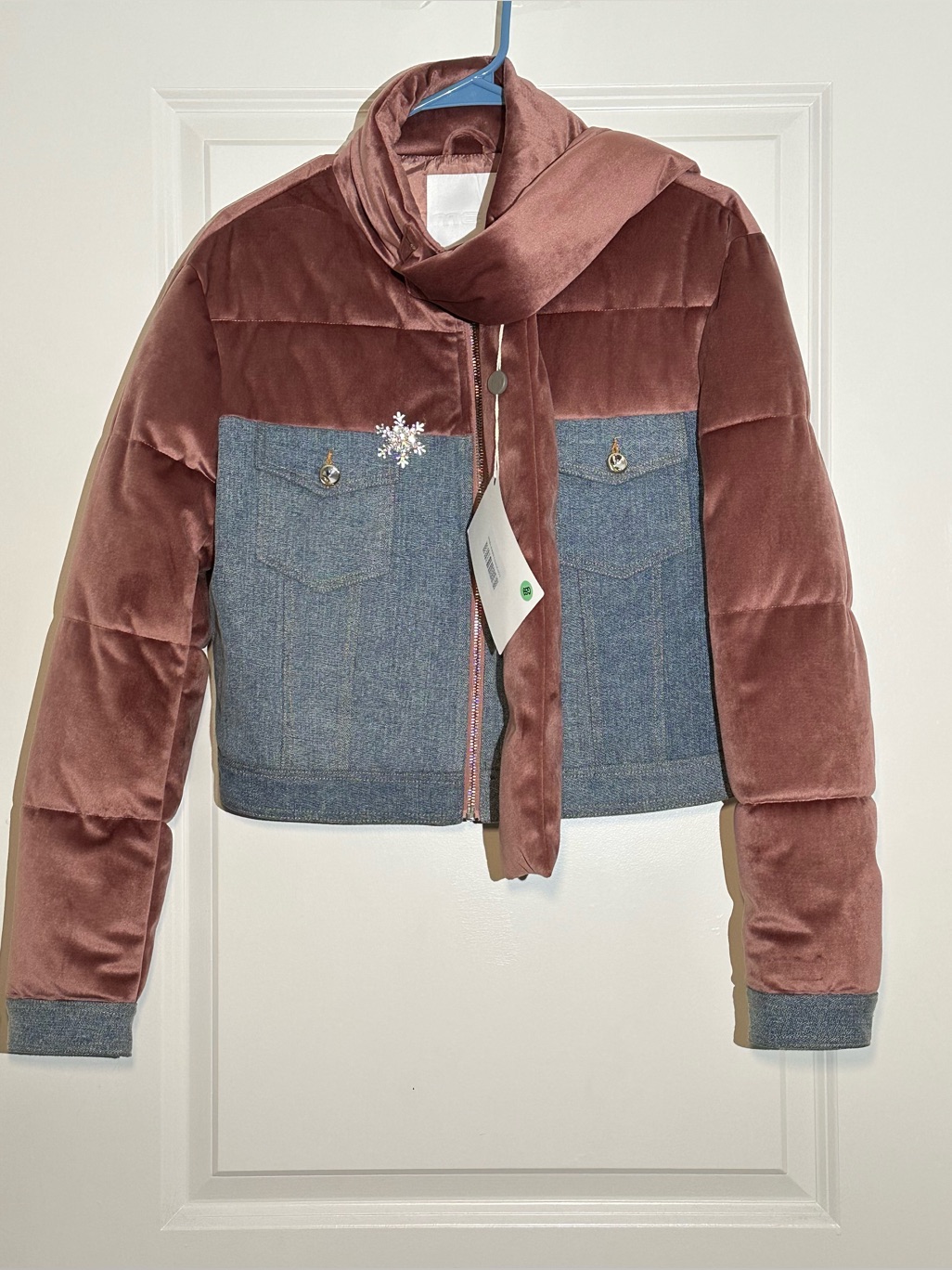 Met Womenâs Velvet Denim Colorblock Puffer Jacket Pink Blue Zip Coat Nwt Size S